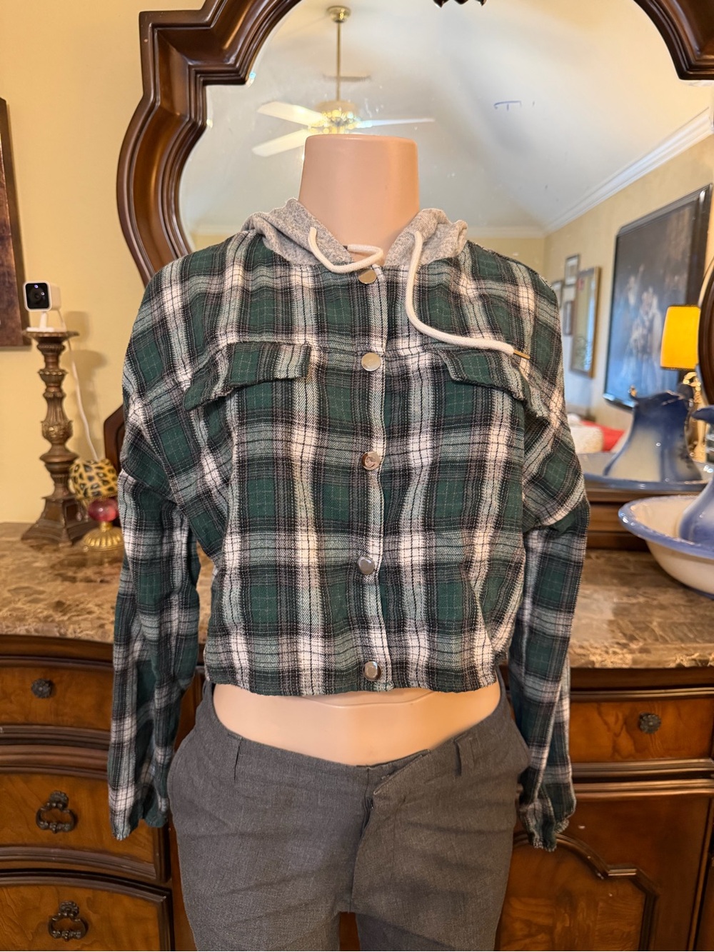 SHEIN Green Plaid Hooded Crop Utility Jacket